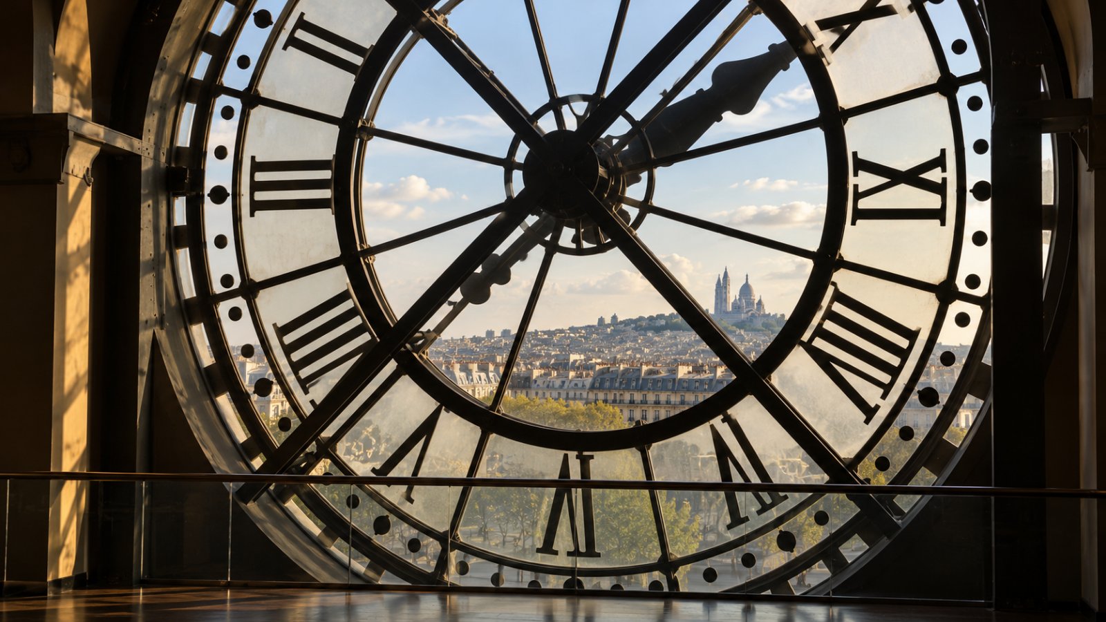 Il grande orologio di vetro del Musée d'Orsay visto dall'interno, con i tetti di Parigi e la collina di Montmartre sullo sfondo