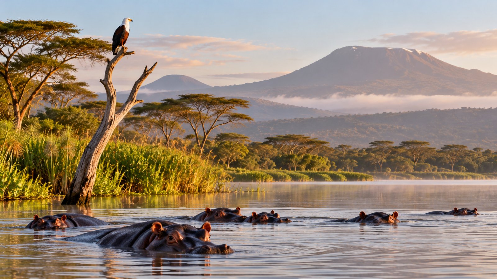 Il lago Naivasha al mattino, con acque calme, acacie sulla riva, ippopotami semisommersi e le colline vulcaniche della Rift Valley sullo sfondo