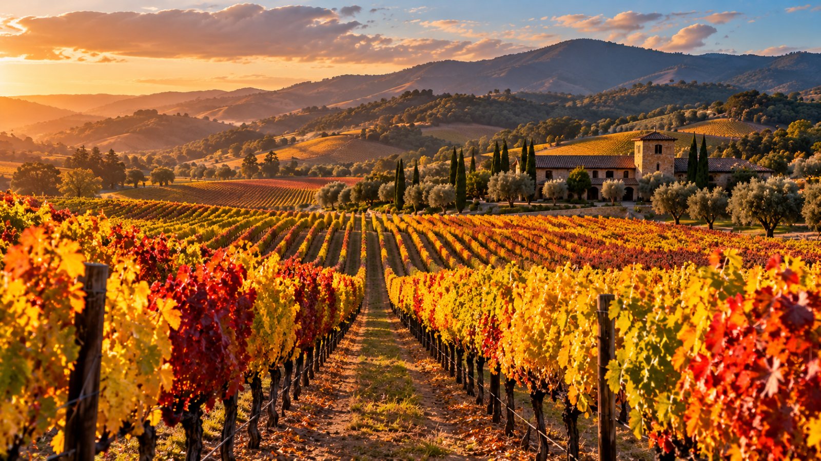 Filari di vigneti nella Napa Valley in autunno con le foglie gialle e rosse, le colline e una cantina in pietra sullo sfondo