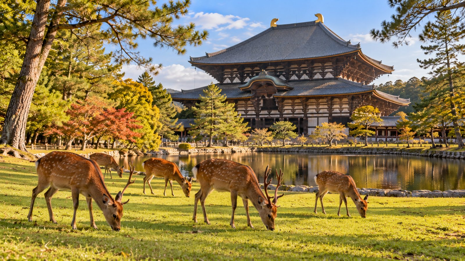 Alcuni cervi sika su un prato verde del parco di Nara, con la grande sala in legno del tempio Todai-ji sullo sfondo