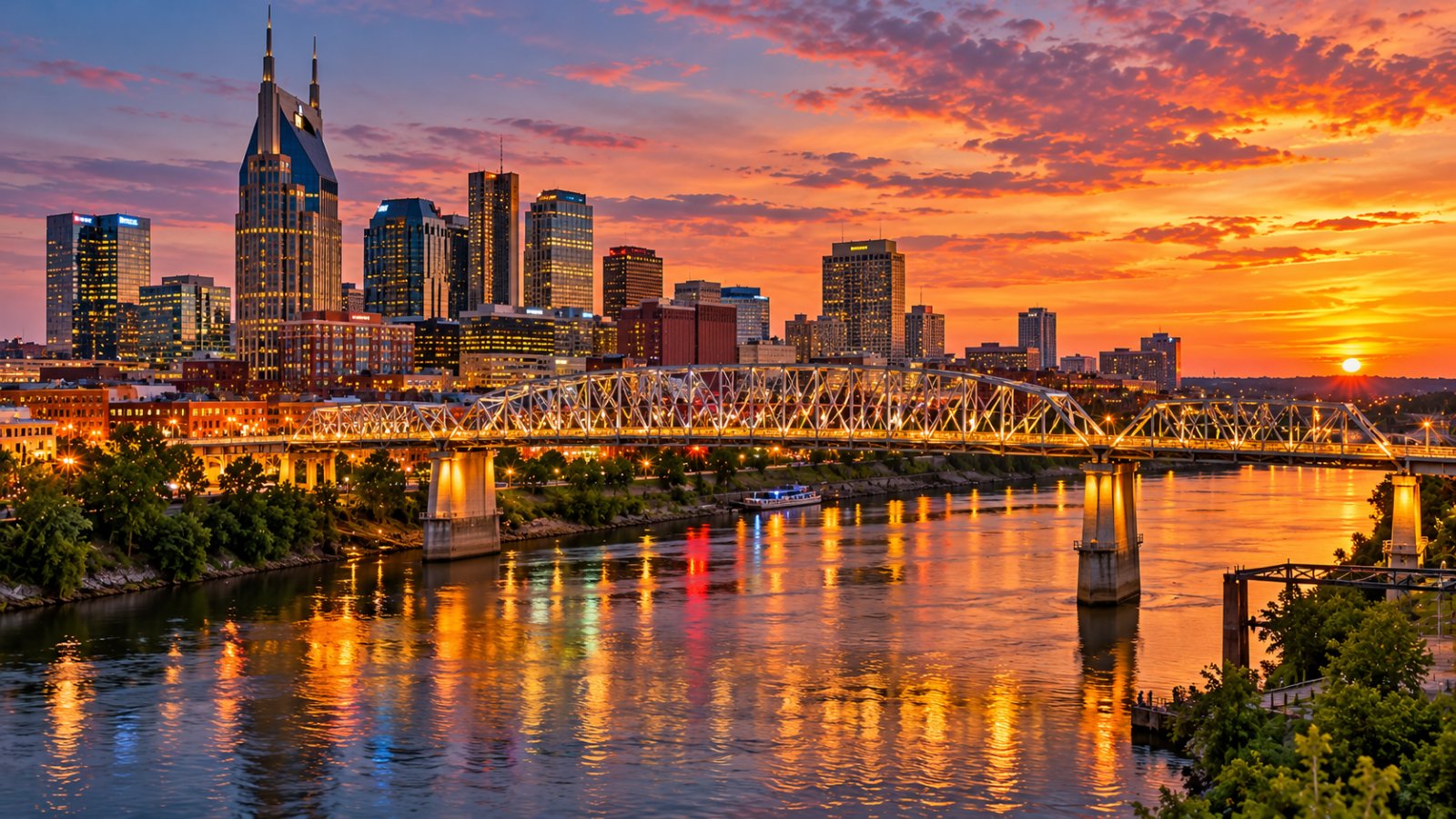 Lo skyline di Nashville sul fiume Cumberland al tramonto, con il lungo ponte pedonale in primo piano