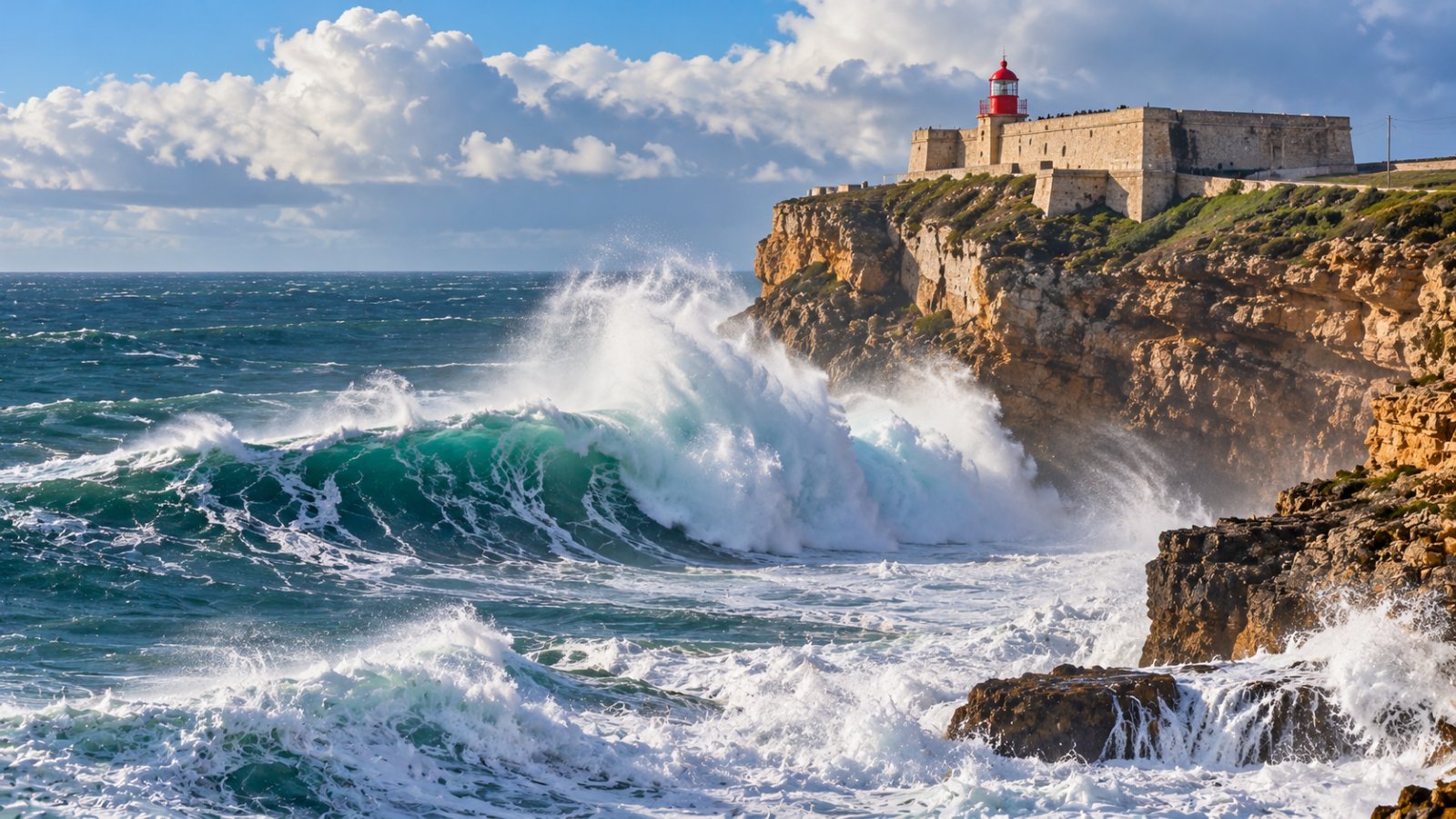 Un piccolo forte con un faro rosso in cima a un promontorio roccioso, battuto da un'onda enorme che si alza dall'oceano sotto un cielo d'inverno