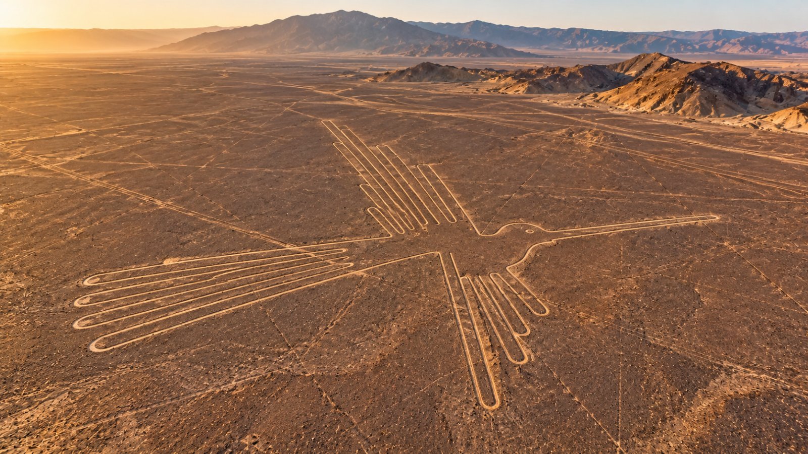 Il geoglifo del colibrì tracciato sulla pianura desertica di Nazca, visto dall'alto nella luce radente del mattino