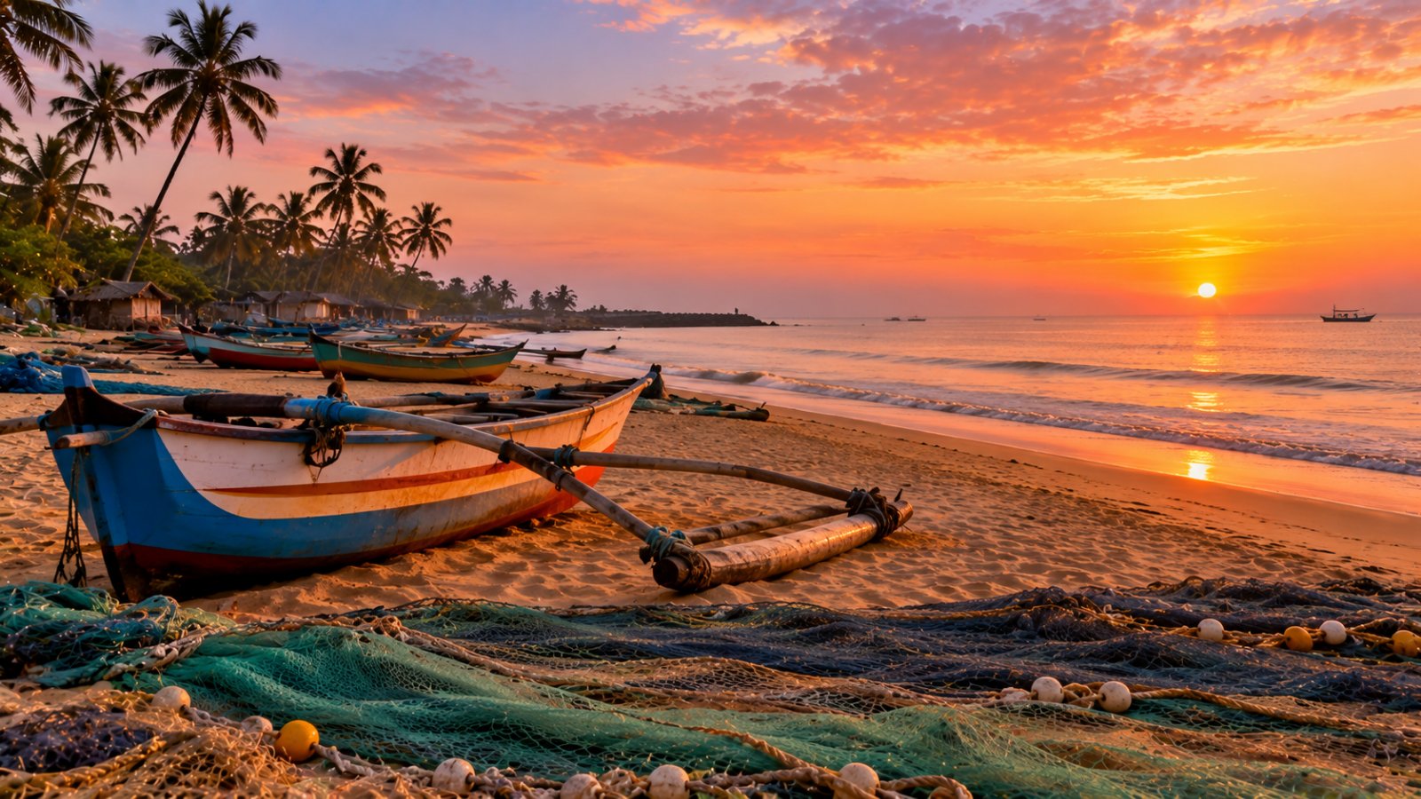 Barche da pesca tradizionali in legno tirate in secca sulla spiaggia di Negombo al mattino presto, con le reti stese sulla sabbia e il mare calmo
