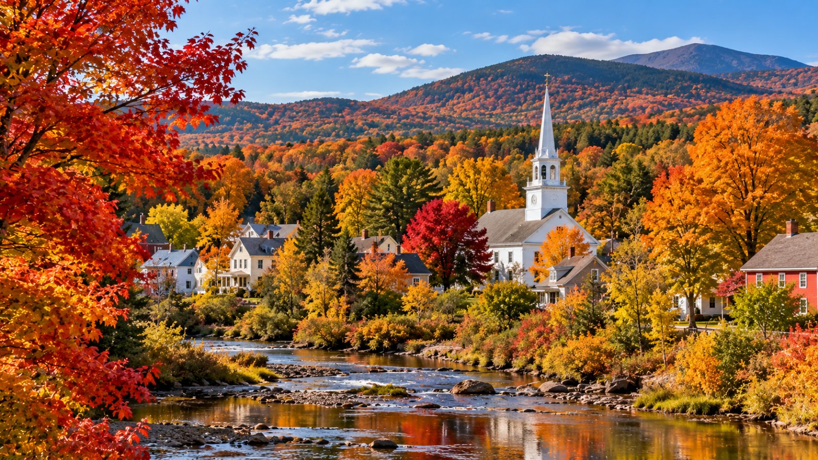 Un villaggio del New England in autunno con una chiesa bianca dal campanile appuntito tra alberi rossi, arancioni e gialli