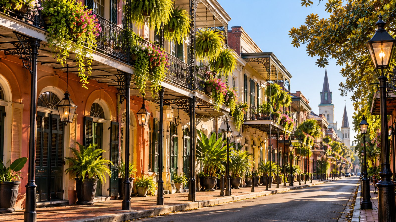 Una via del French Quarter di New Orleans con case colorate dai balconi in ferro battuto pieni di piante, nella luce calda del pomeriggio