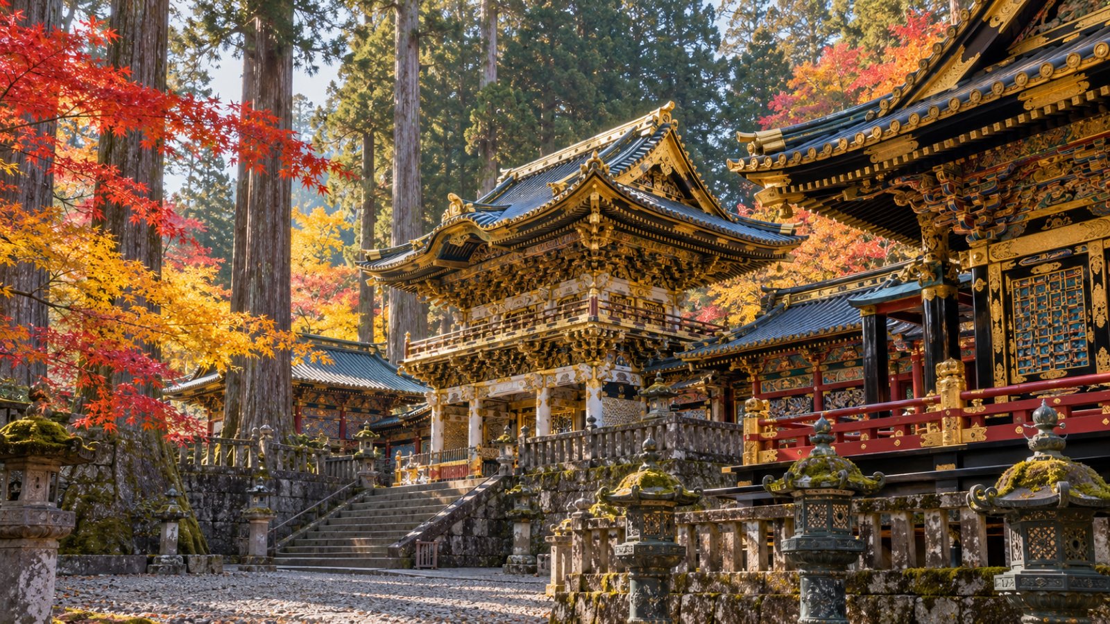 Gli edifici laccati e decorati d'oro del santuario Toshogu di Nikko tra i grandi cedri e gli aceri rossi d'autunno