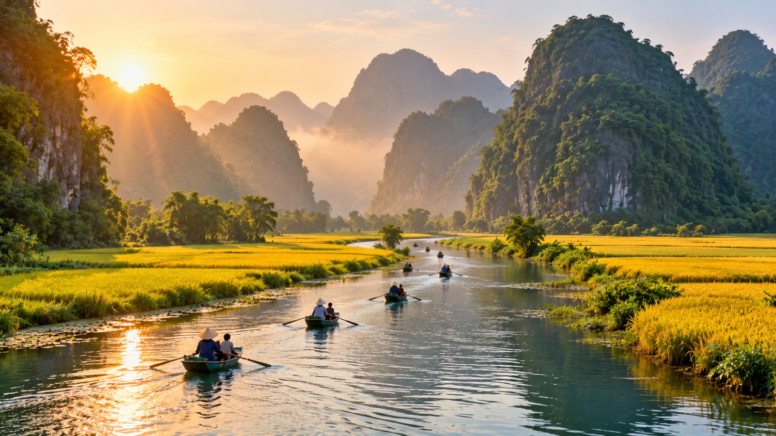 Barche a remi sul fiume tra le risaie dorate e i picchi calcarei di Tam Coc, a Ninh Binh