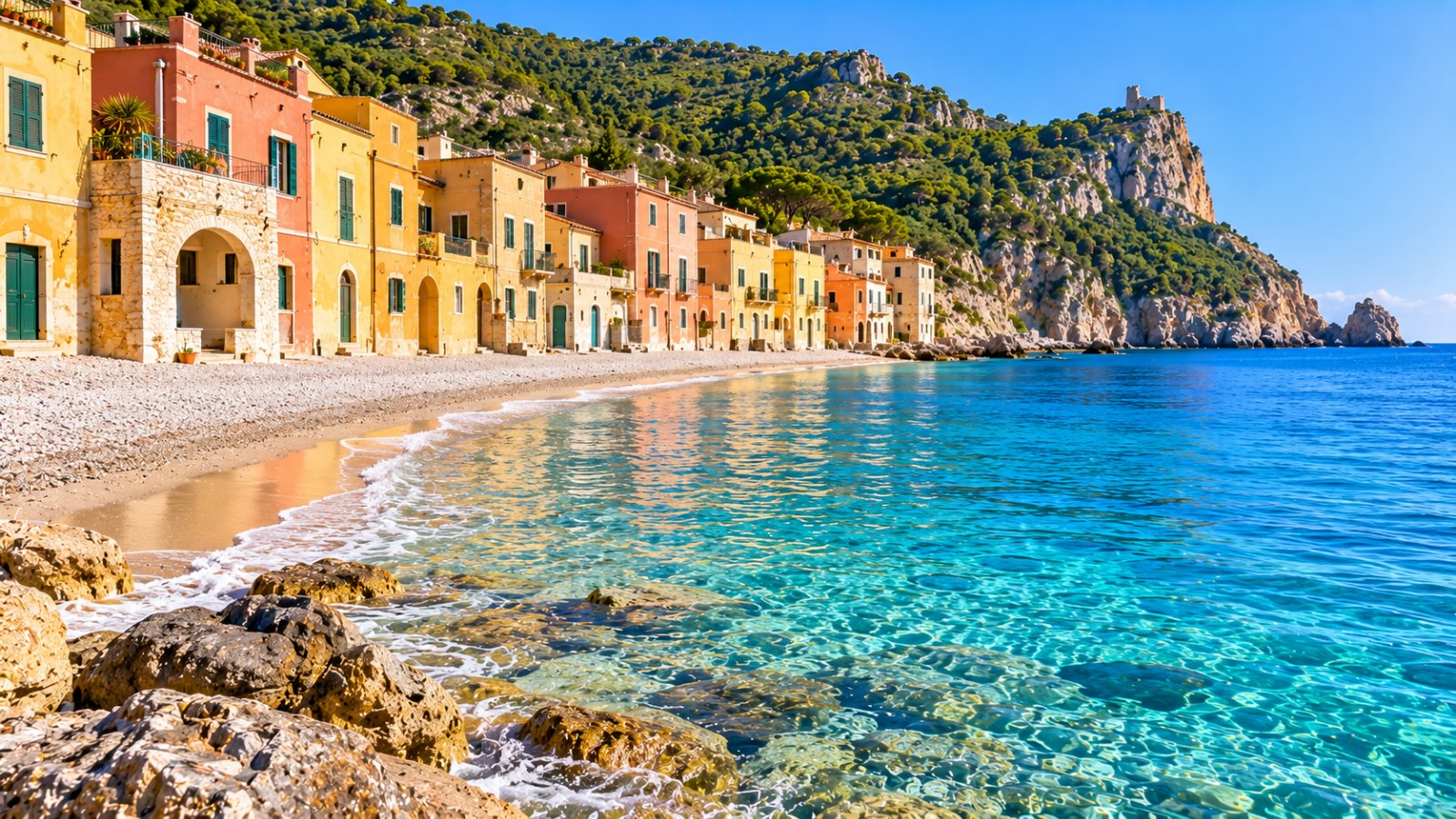 Le case colorate di Varigotti direttamente sulla spiaggia, con il mare limpido e il promontorio verde di Punta Crena
