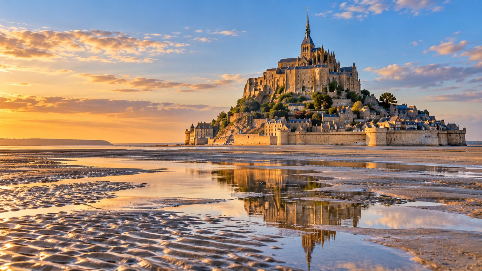 Il Mont-Saint-Michel con l'abbazia sulla cima, circondato dalla sabbia bagnata della baia con la bassa marea, nella luce dorata del tardo pomeriggio