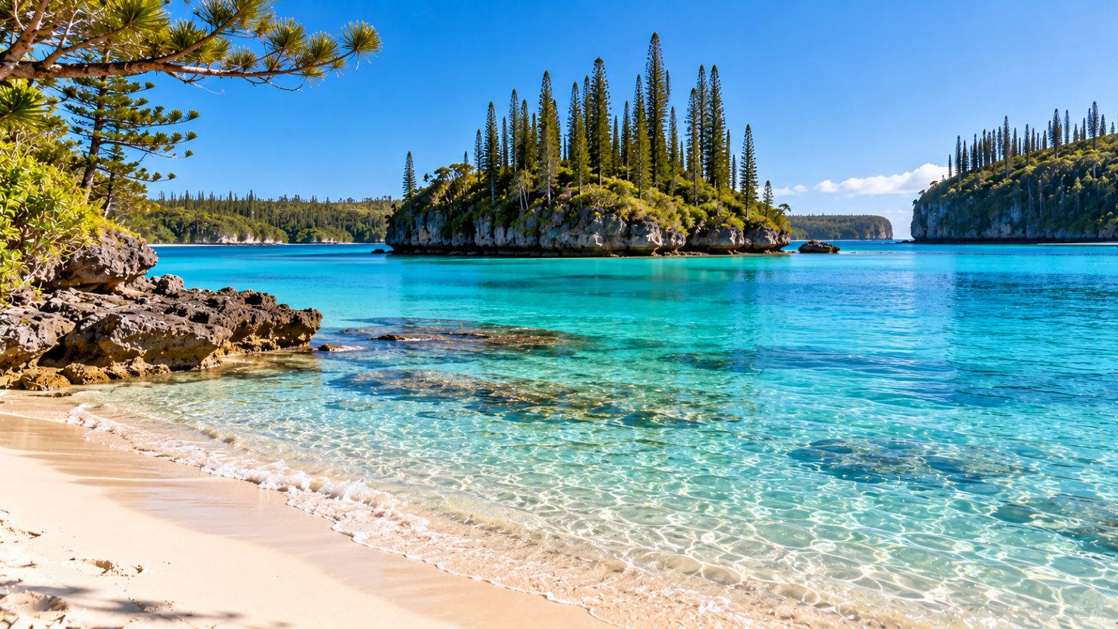 La baia di Kanumera all'Île des Pins, con l'isolotto roccioso coperto di pini colonnari e l'acqua turchese della laguna