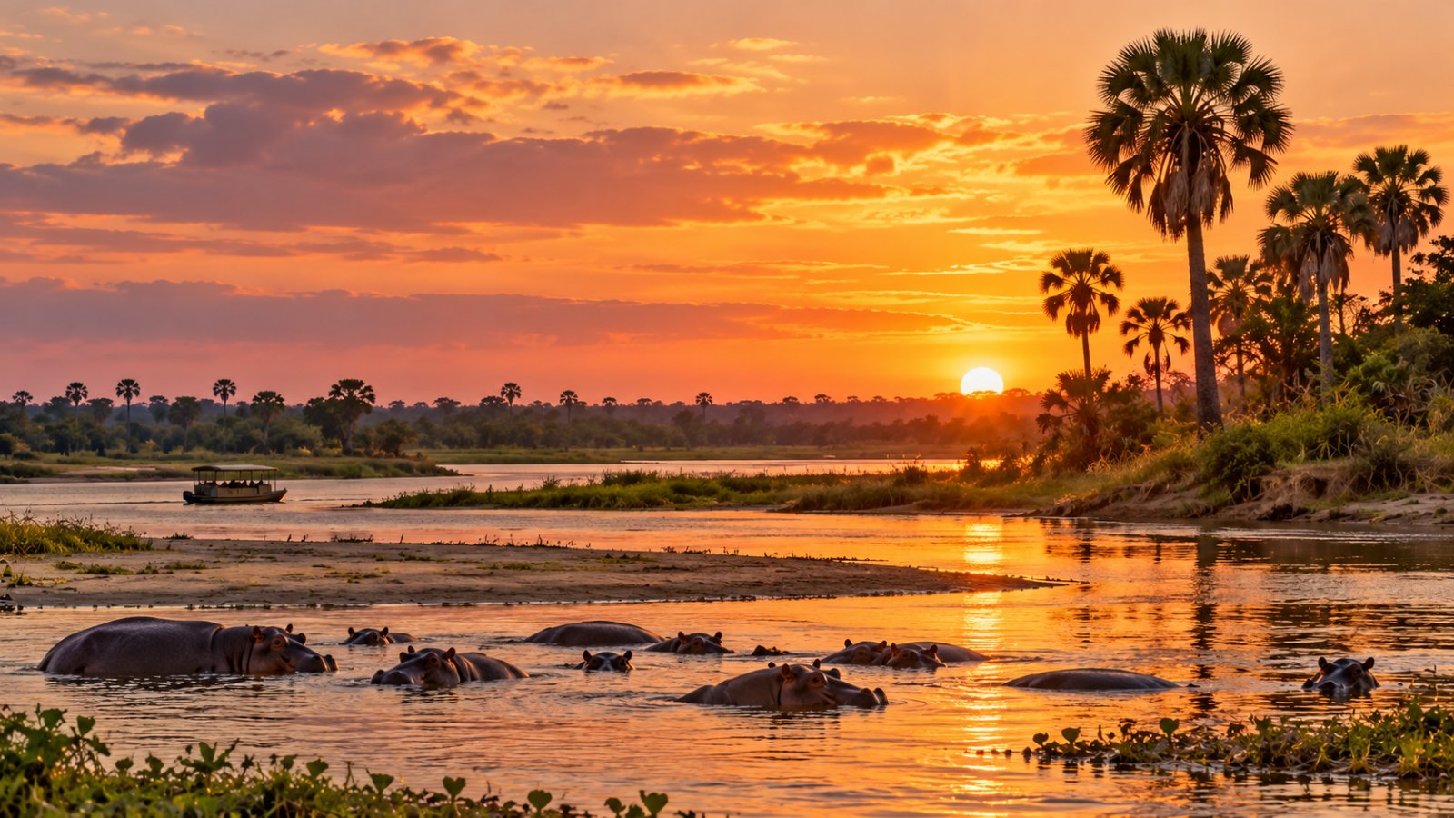 Un'ansa del fiume Rufiji al tramonto, con ippopotami in acqua e palme sulle rive, nel Parco nazionale Nyerere