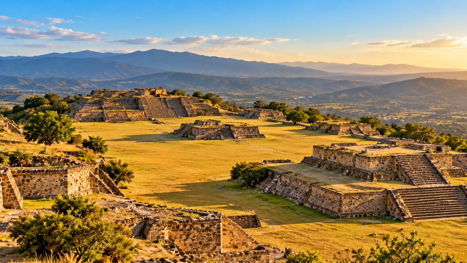 La grande piazza di Monte Albán con le piattaforme in pietra e le valli di Oaxaca sullo sfondo