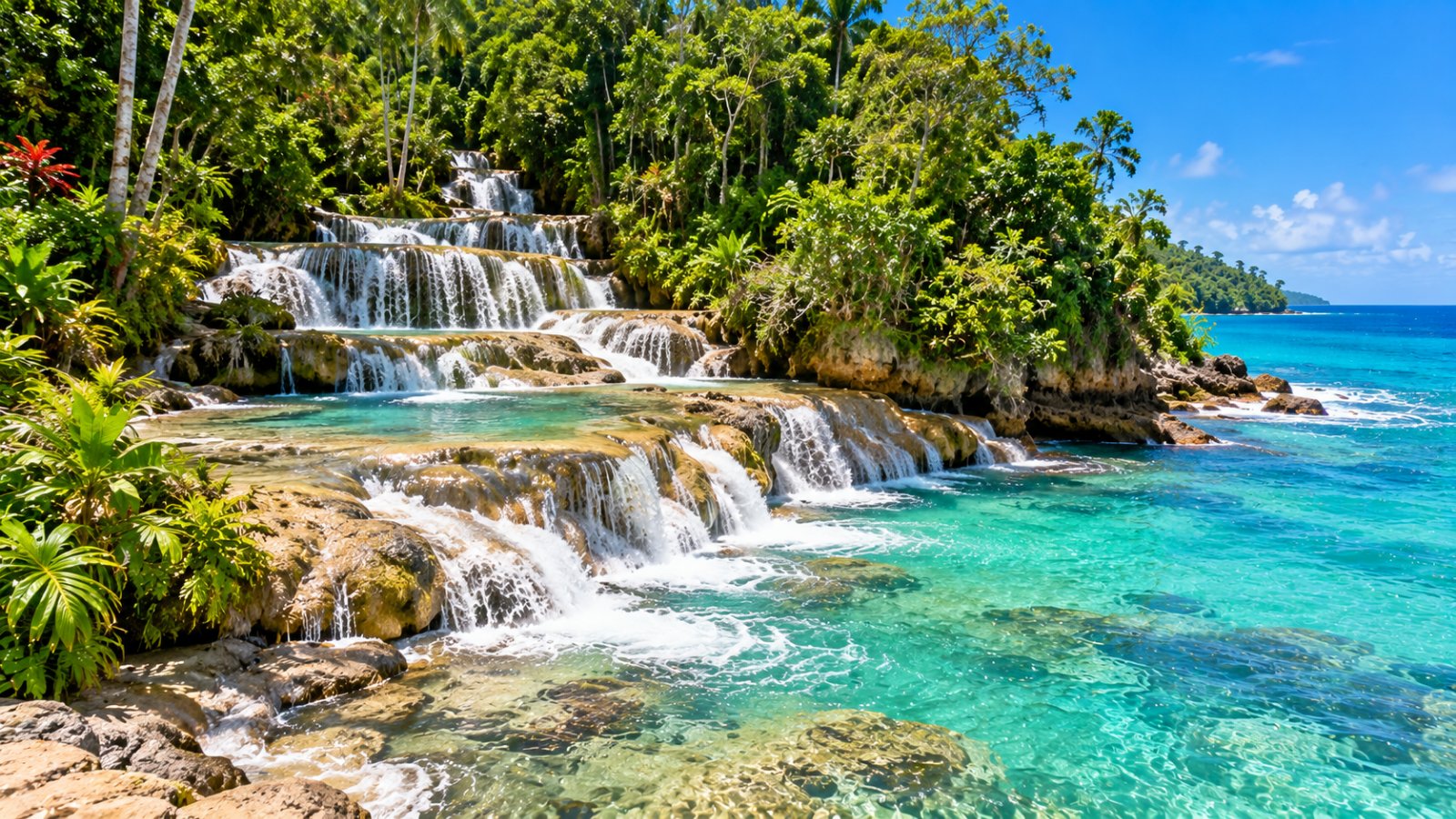 Cascate a gradini che scendono verso il mare a Ocho Rios