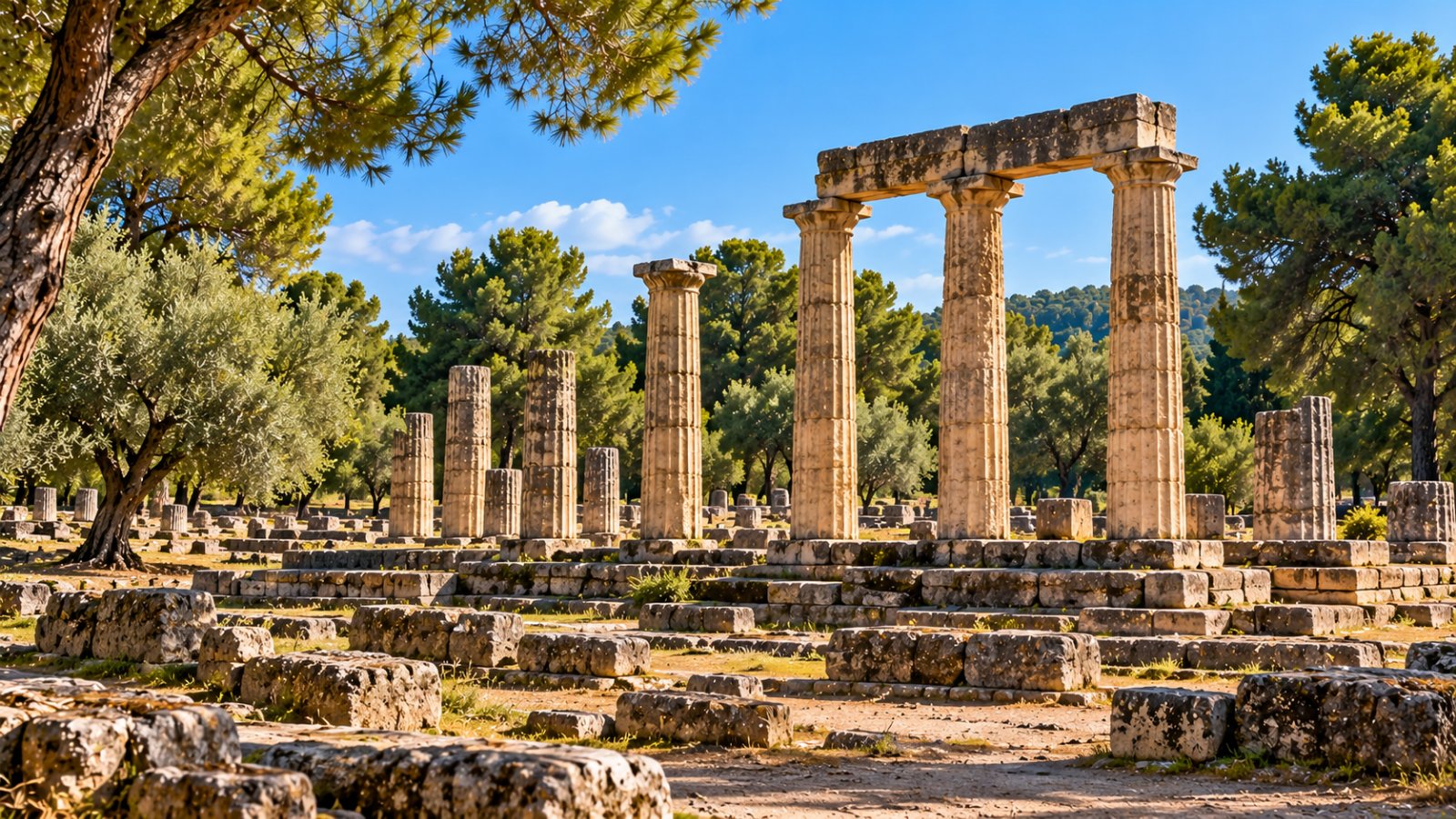 Le colonne del tempio di Era a Olimpia tra i pini, nella luce del mattino