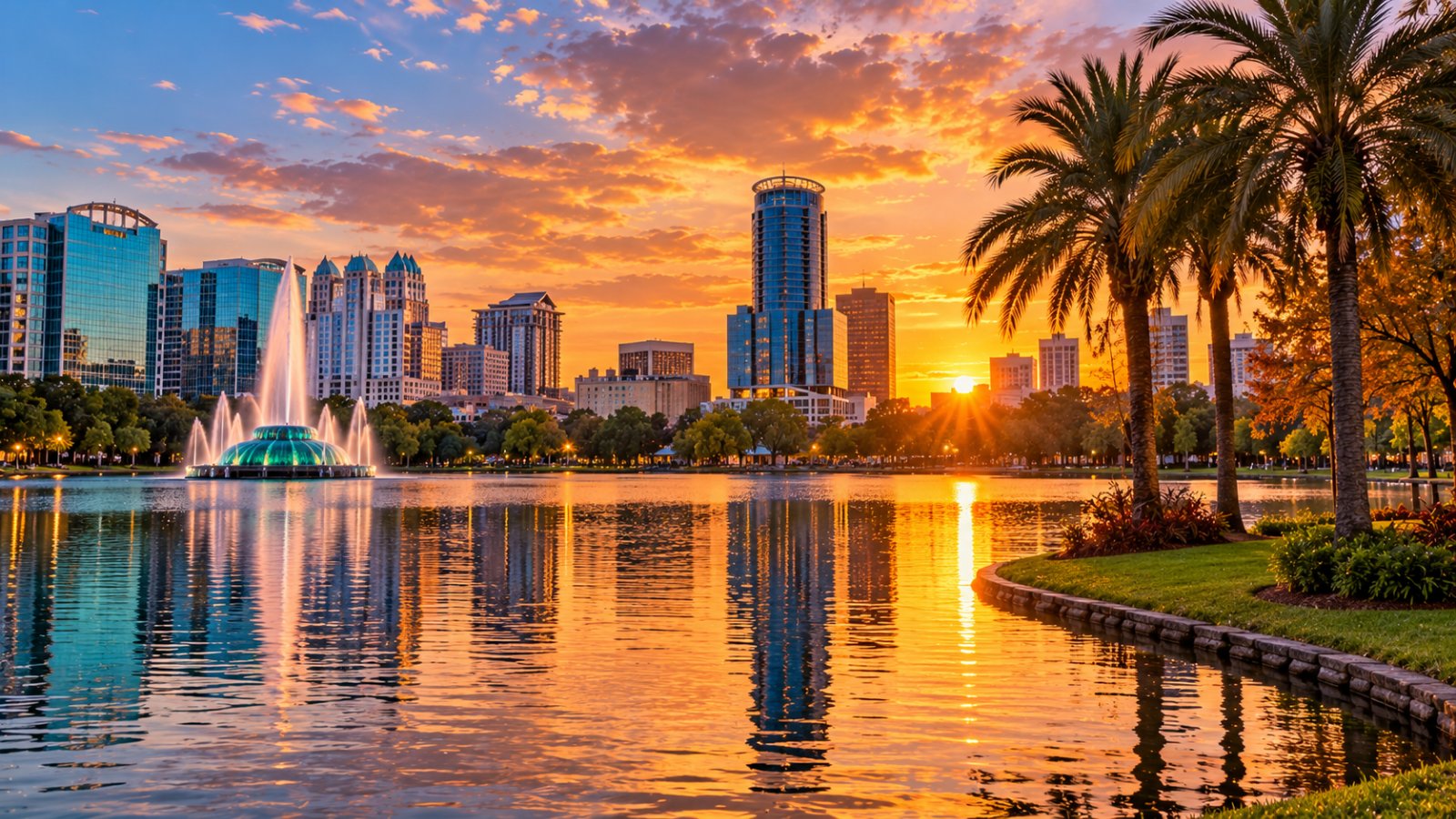 Il lago Eola nel centro di Orlando al tramonto, con la fontana, le palme e i grattacieli sullo sfondo