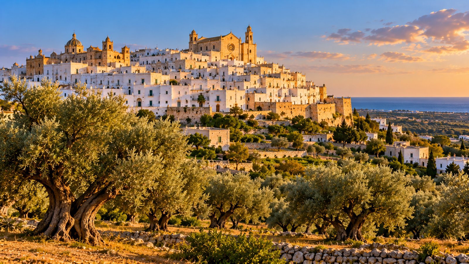 Ostuni, la città bianca sulla collina con la cattedrale in cima e uliveti secolari in primo piano, nella luce del tardo pomeriggio