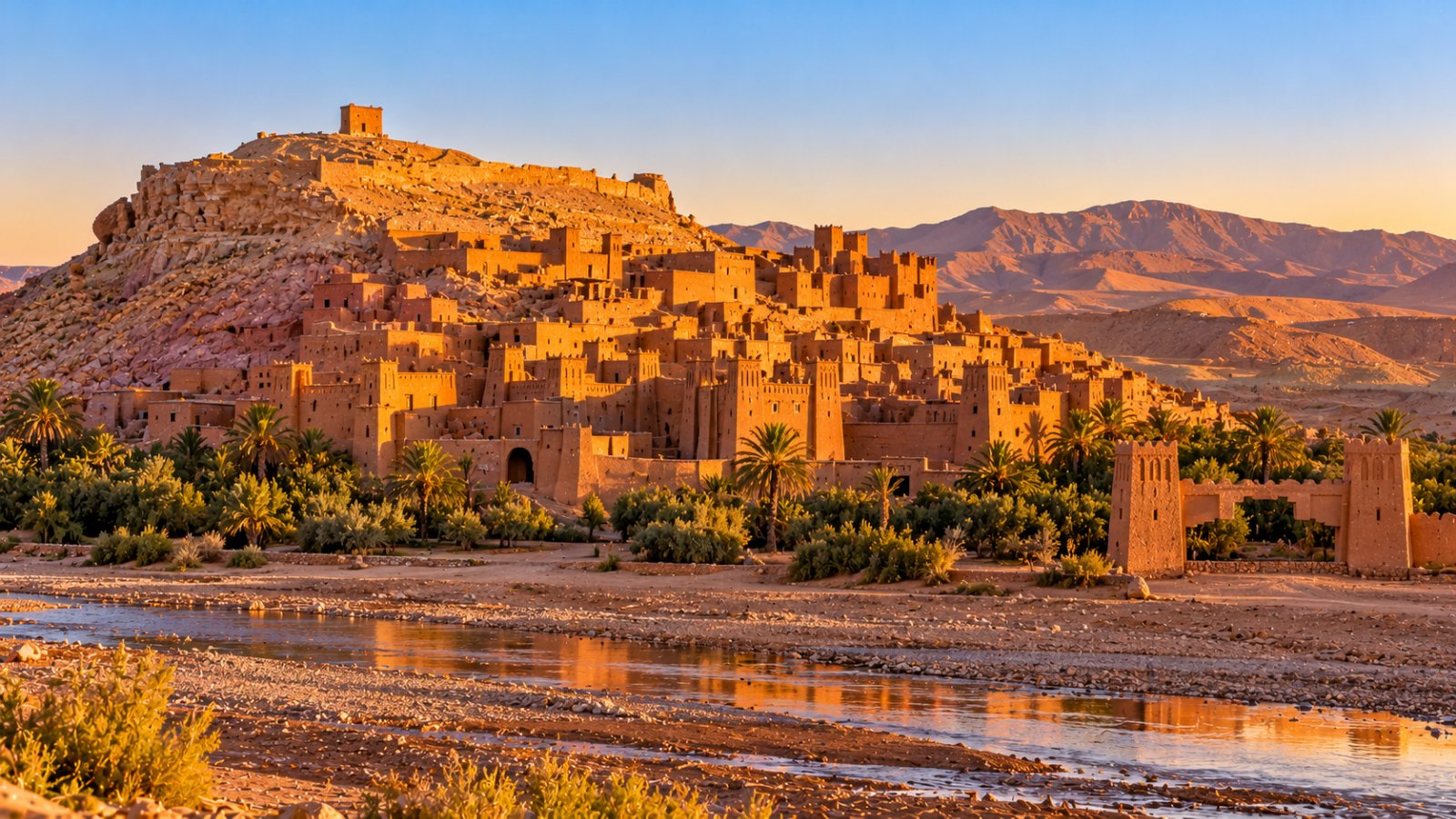 Lo ksar di Aït-Ben-Haddou al tramonto, case e torri di terra cruda color ocra arroccate su una collina, con il letto del fiume in primo piano e le montagne aride sullo sfondo