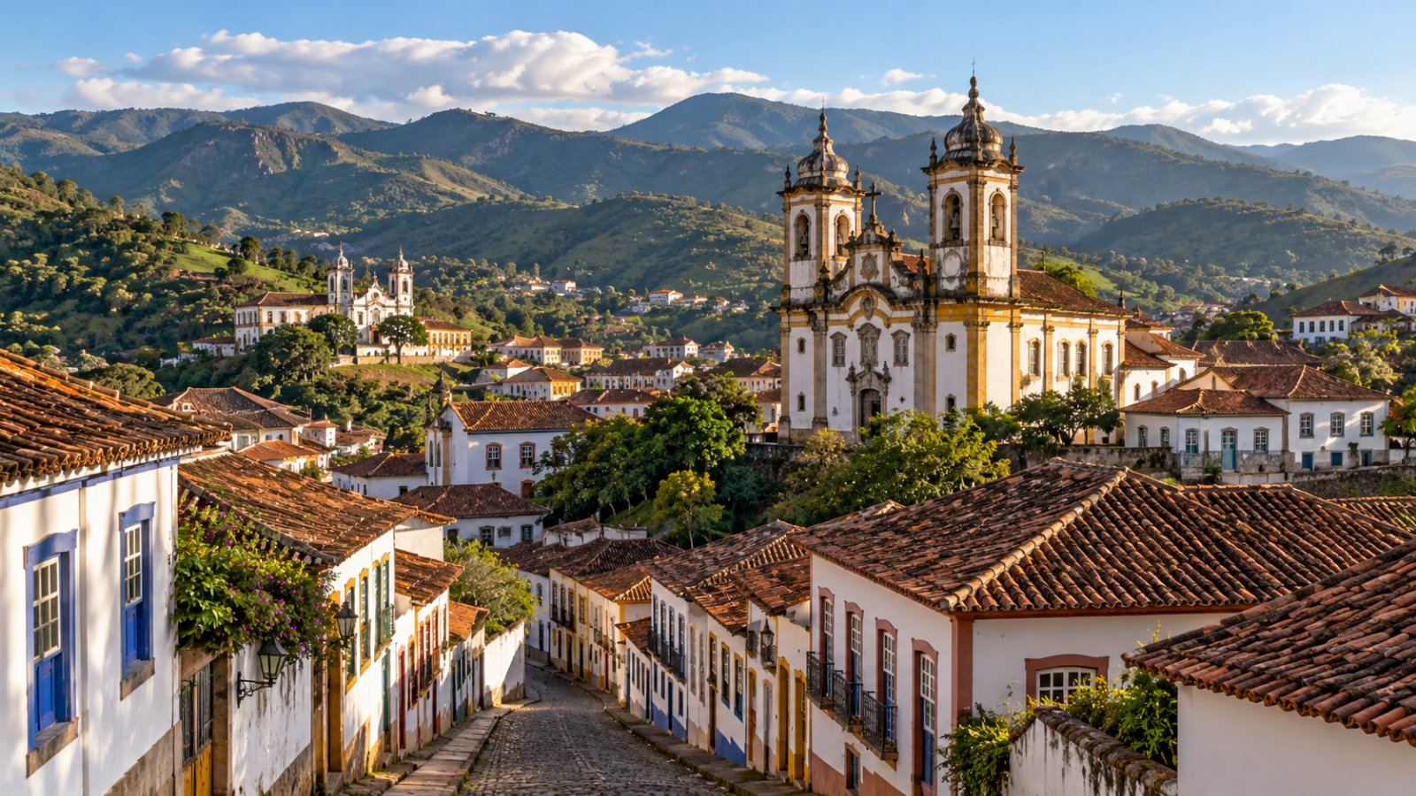 Ouro Preto dall'alto: strade in salita con case coloniali bianche dalle finestre colorate e le torri barocche di una chiesa tra colline verdi