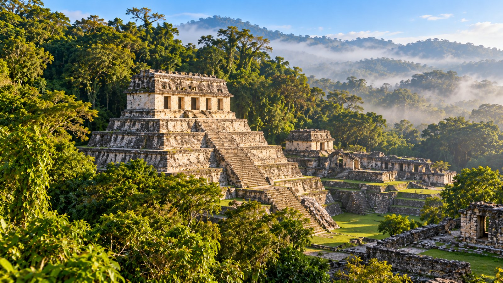 Il Tempio delle Iscrizioni di Palenque circondato dalla foresta pluviale e dalla foschia del mattino