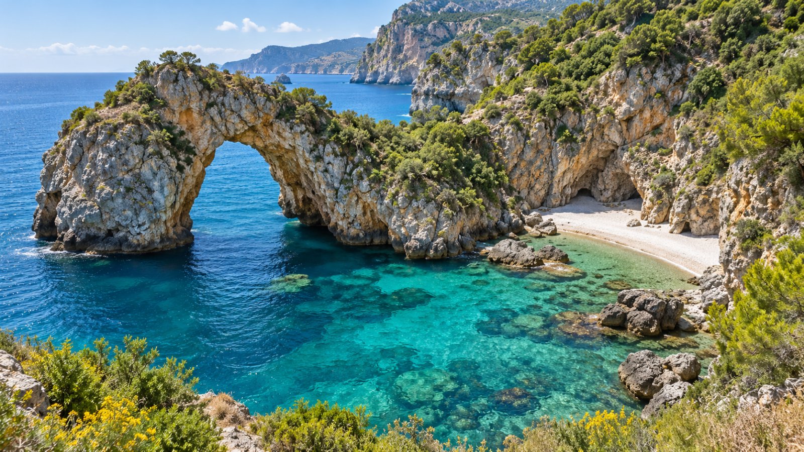 La costa di Palinuro con l'arco naturale sul mare turchese e le scogliere verdi