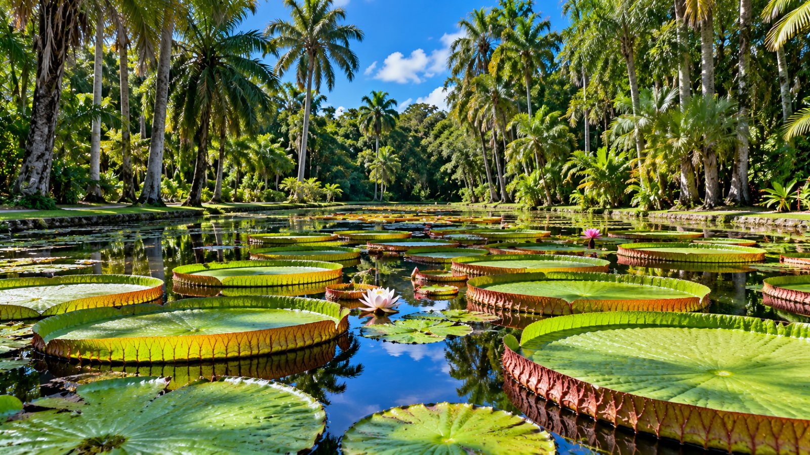 La grande vasca del giardino botanico di Pamplemousses coperta di ninfee giganti, con le palme tropicali tutto intorno