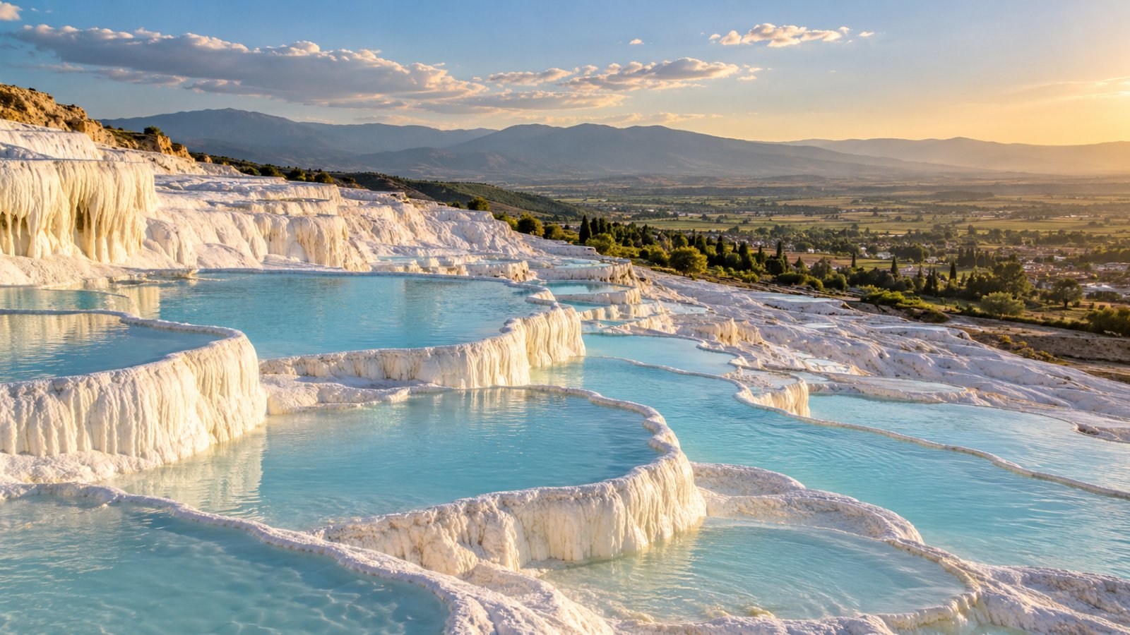 Le terrazze bianche di travertino di Pamukkale con le vasche d'acqua azzurra in primo piano e la pianura sullo sfondo nella luce del pomeriggio