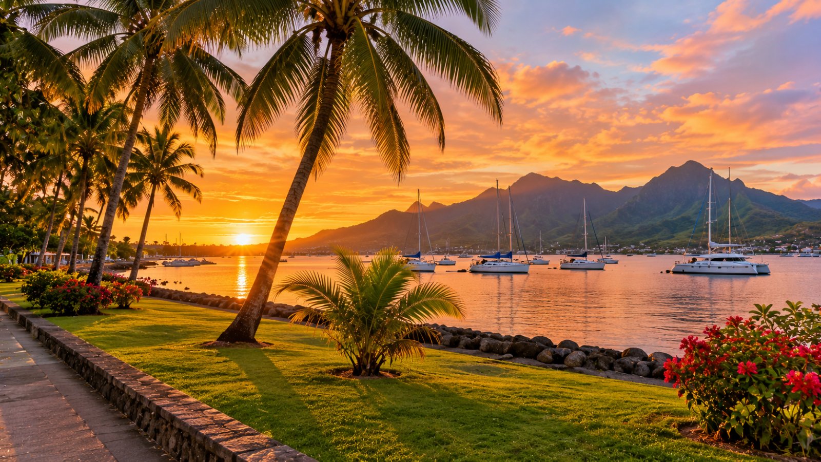 Il lungomare di Papeete al tramonto, con le palme, le barche nel porto e il profilo montuoso di Moorea all'orizzonte