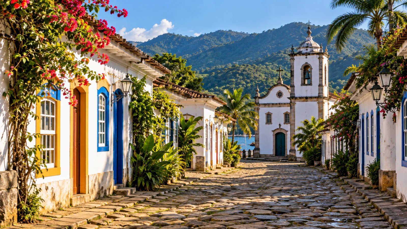Il centro storico di Paraty: strade lastricate di pietre irregolari, case coloniali bianche con porte e finestre colorate e una chiesa bianca, con le colline verdi sullo sfondo
