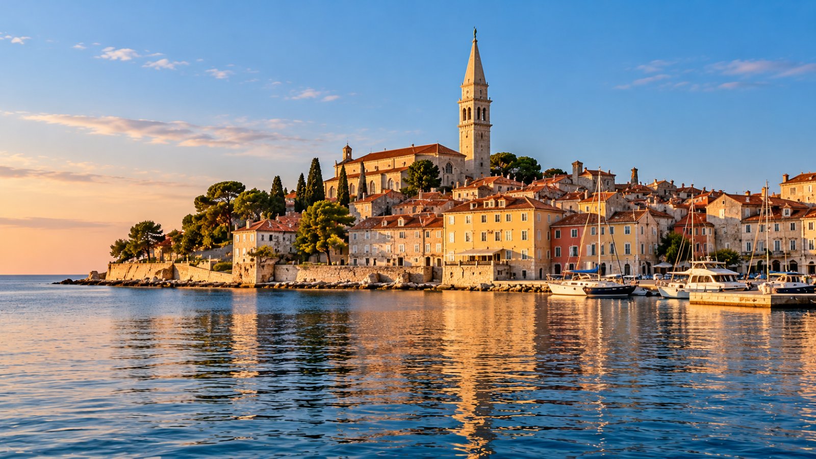 Il centro storico di Parenzo su una piccola penisola, con il campanile della Basilica Eufrasiana sopra i tetti rossi, il porticciolo e il mare dell'Istria