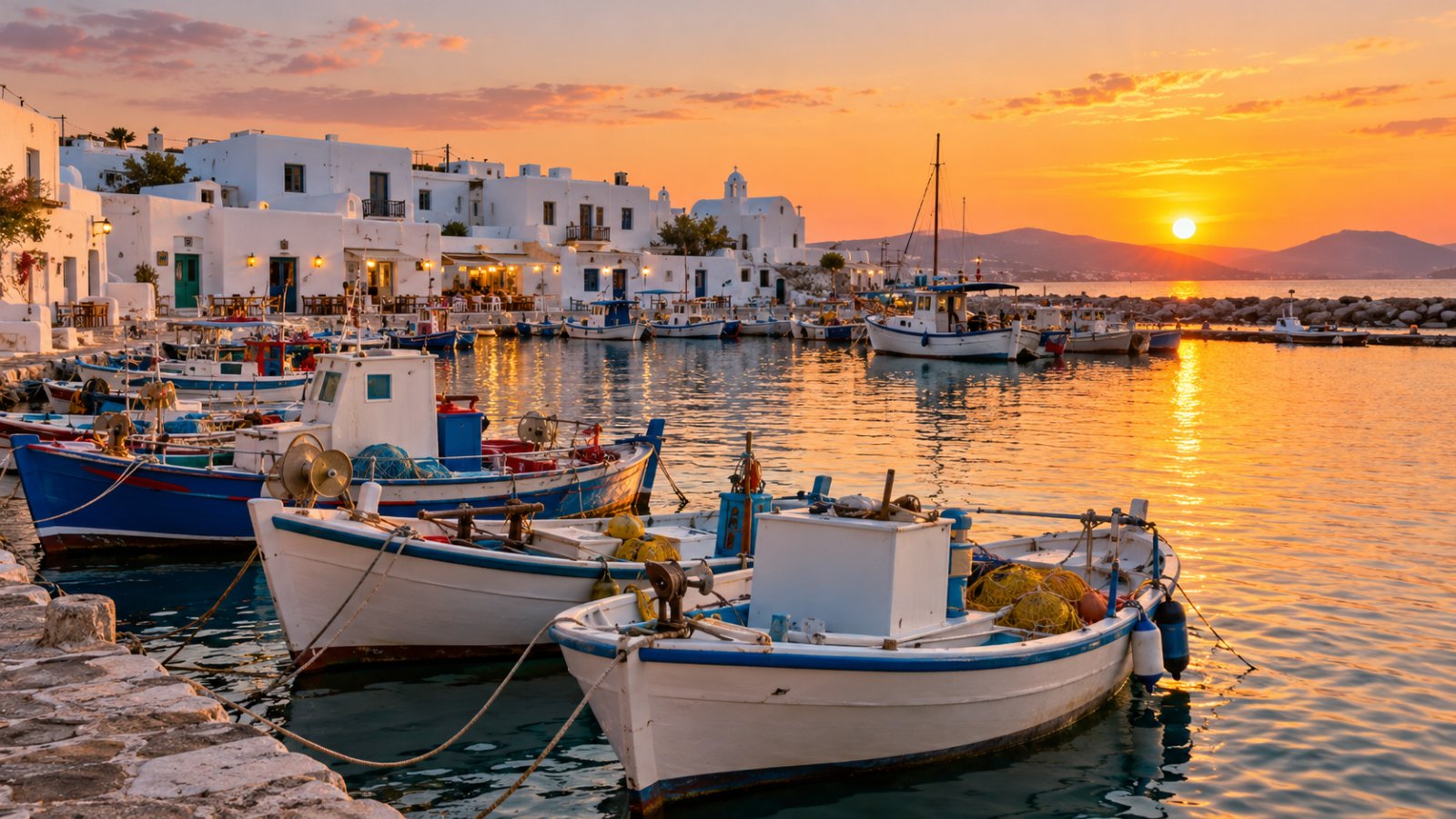Il porticciolo di Naoussa a Paros con le barche dei pescatori e le case bianche al tramonto