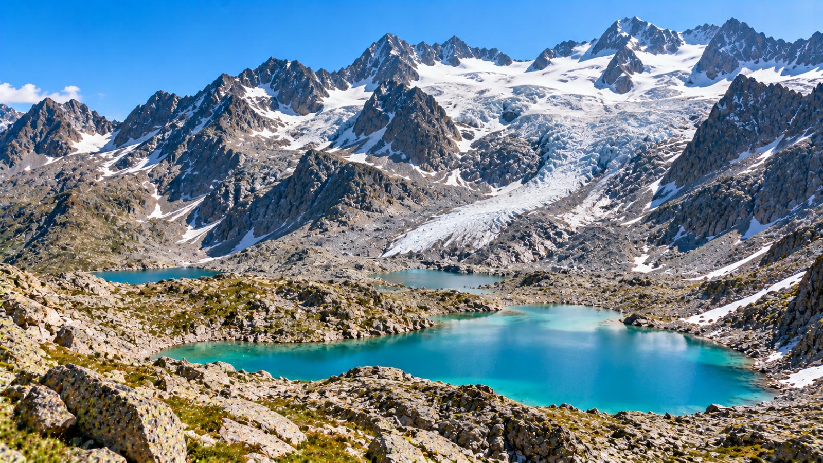 Il ghiacciaio Presena in estate, con le lingue di ghiaccio grigio-azzurre tra le creste di granito scuro e i laghetti alpini sotto le pareti, sotto un cielo limpido