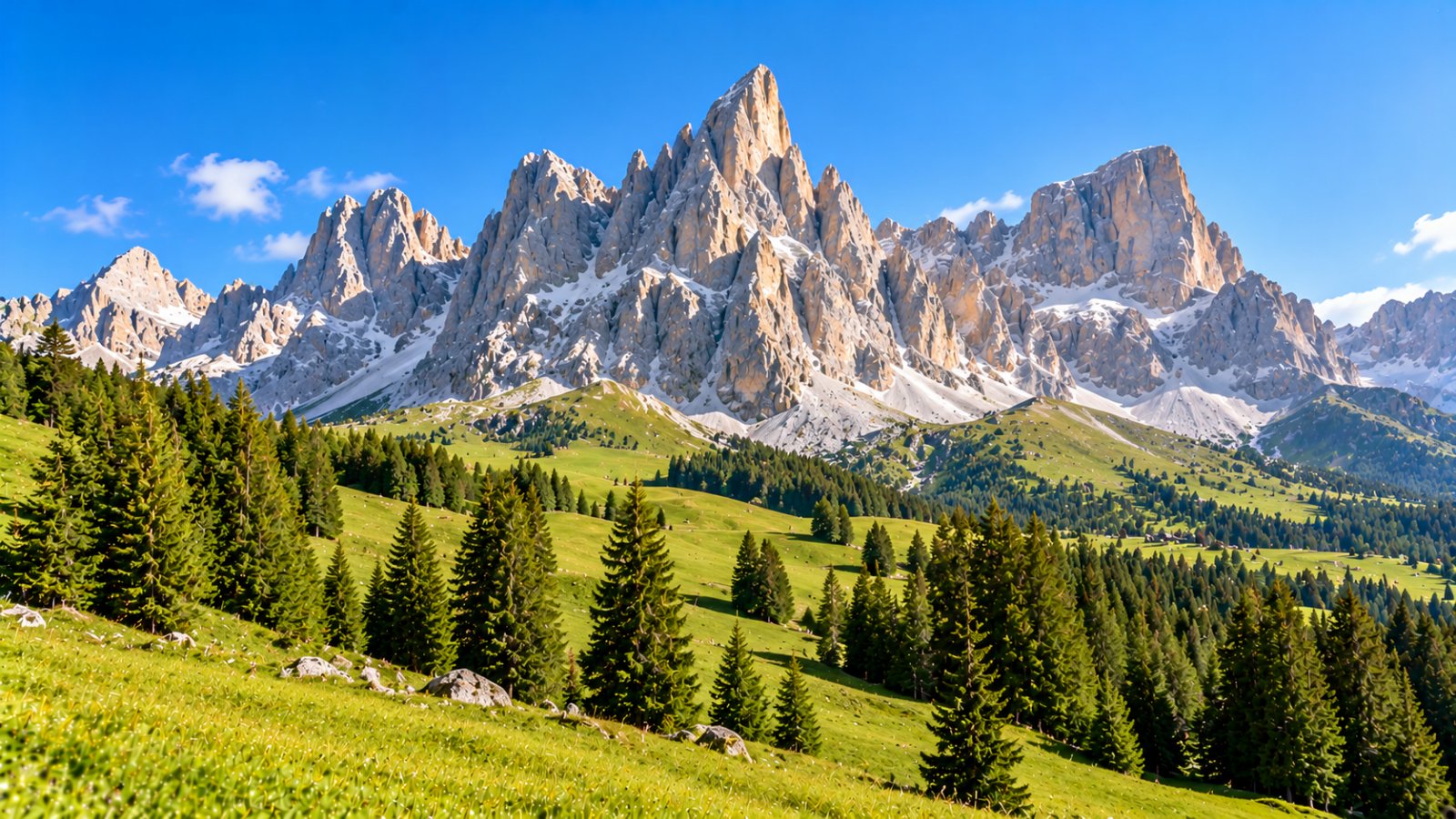I pascoli del Passo Rolle in estate con il profilo appuntito del Cimon della Pala e le pareti delle Pale di San Martino sotto un cielo sereno, con un bosco di abeti in primo piano