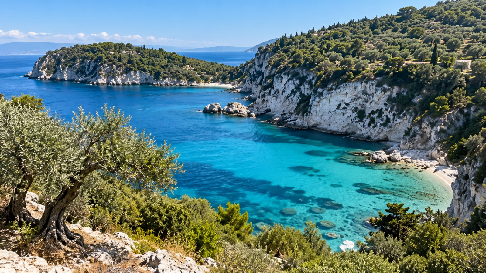 Una baia di Paxos con il mare turchese, le scogliere bianche e gli uliveti sulle colline