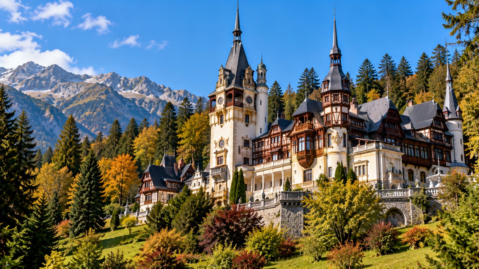 Un castello in stile neorinascimentale con torrette e decorazioni in legno, immerso in un bosco di conifere