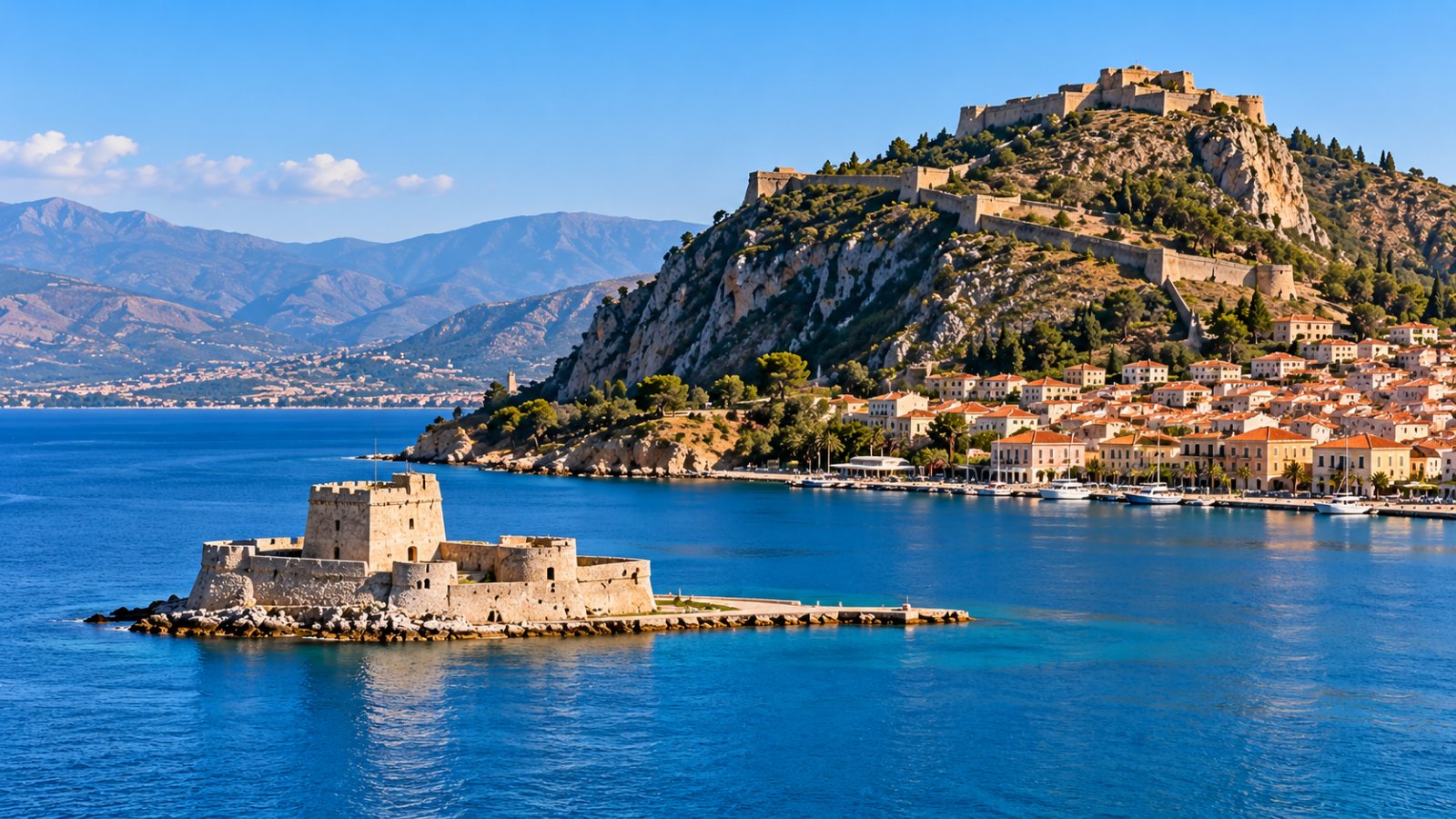 Nauplia con il castello del Bourtzi nel golfo e la fortezza del Palamidi sulla collina