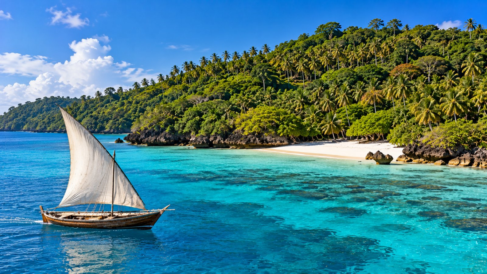 Un dhow a vela nel mare turchese davanti alla costa verde dell'isola di Pemba, coperta di palme e foresta