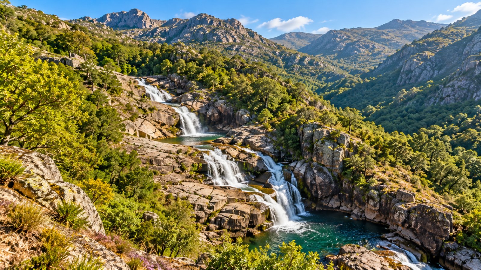 Una cascata che scende tra rocce di granito in una valle verde di montagna, con boschi di querce e creste rocciose sullo sfondo nella luce del mattino
