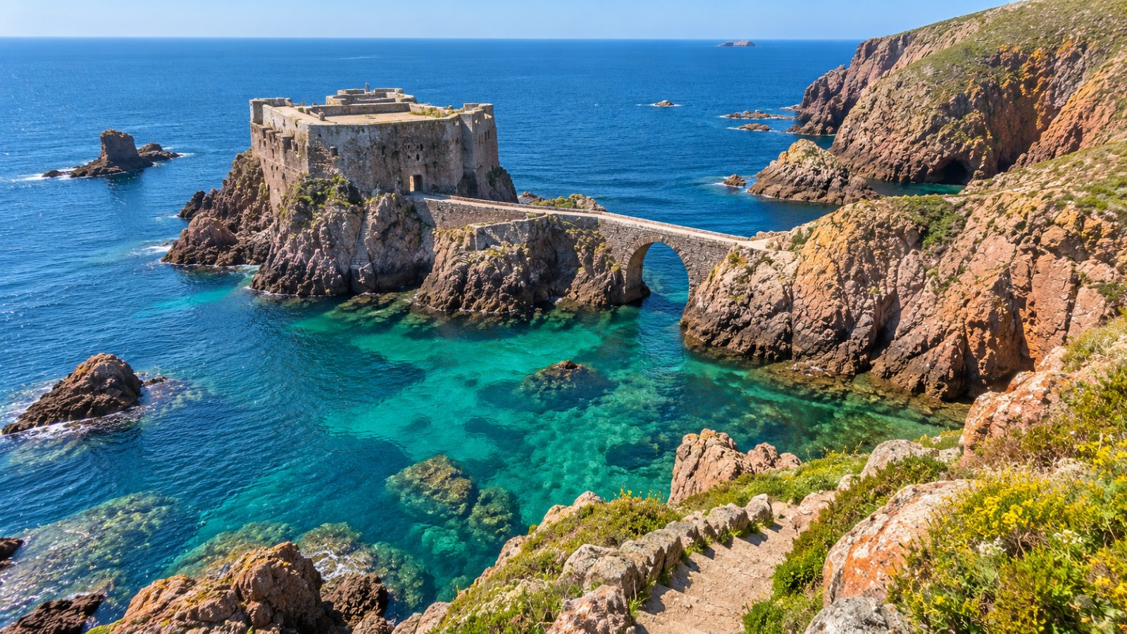 Un piccolo forte di pietra su uno scoglio collegato all'isola da un ponte ad arco, circondato da acqua turchese e falesie rocciose sotto un cielo limpido