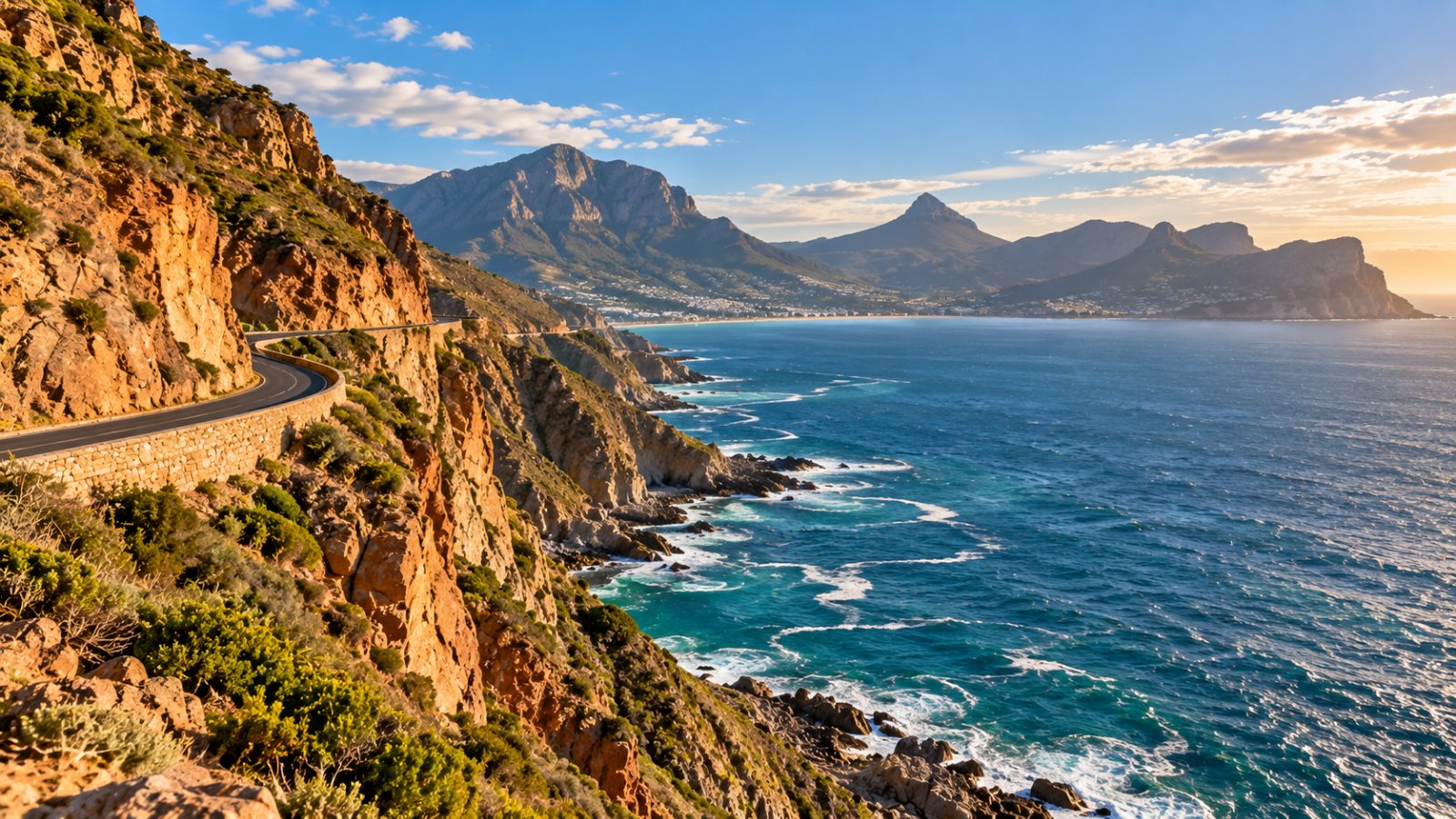 La strada costiera della Chapman's Peak Drive scavata nella scogliera sopra l'oceano, con le montagne sullo sfondo