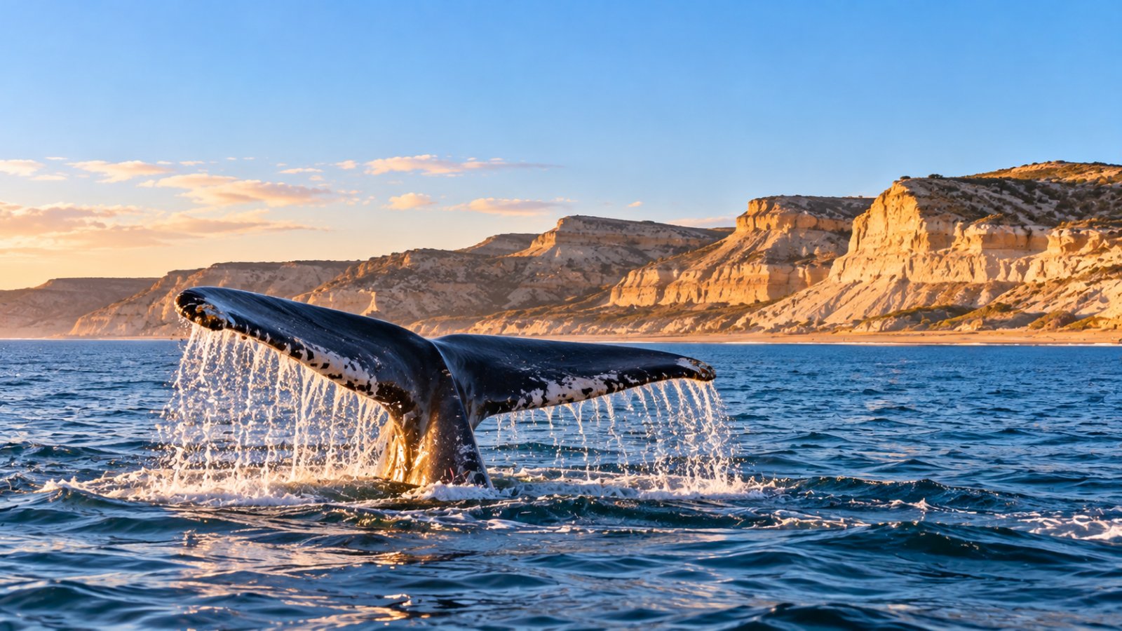 Una balena franca australe che solleva la coda fuori dall'acqua nel golfo Nuevo, con le scogliere chiare di Puerto Pirámides sullo sfondo