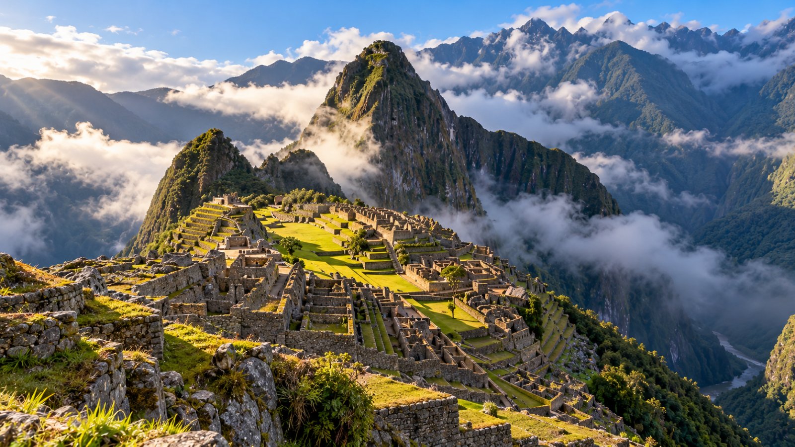 Le rovine di Machu Picchu con il picco di Huayna Picchu, tra le nuvole delle Ande