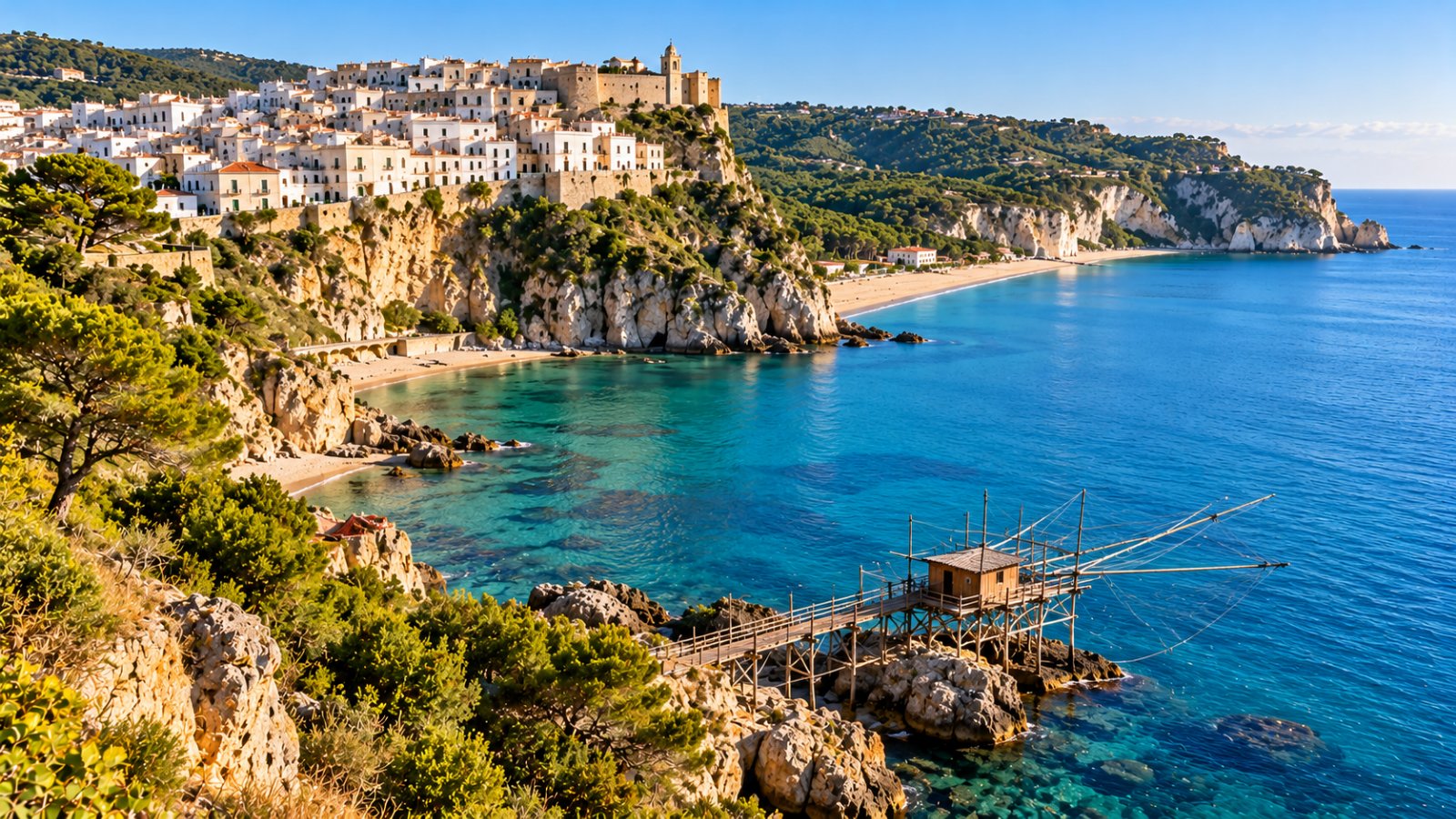 Peschici, il borgo bianco sulla rupe a picco sul mare, la baia con la spiaggia chiara, pinete e un trabucco in legno sugli scogli
