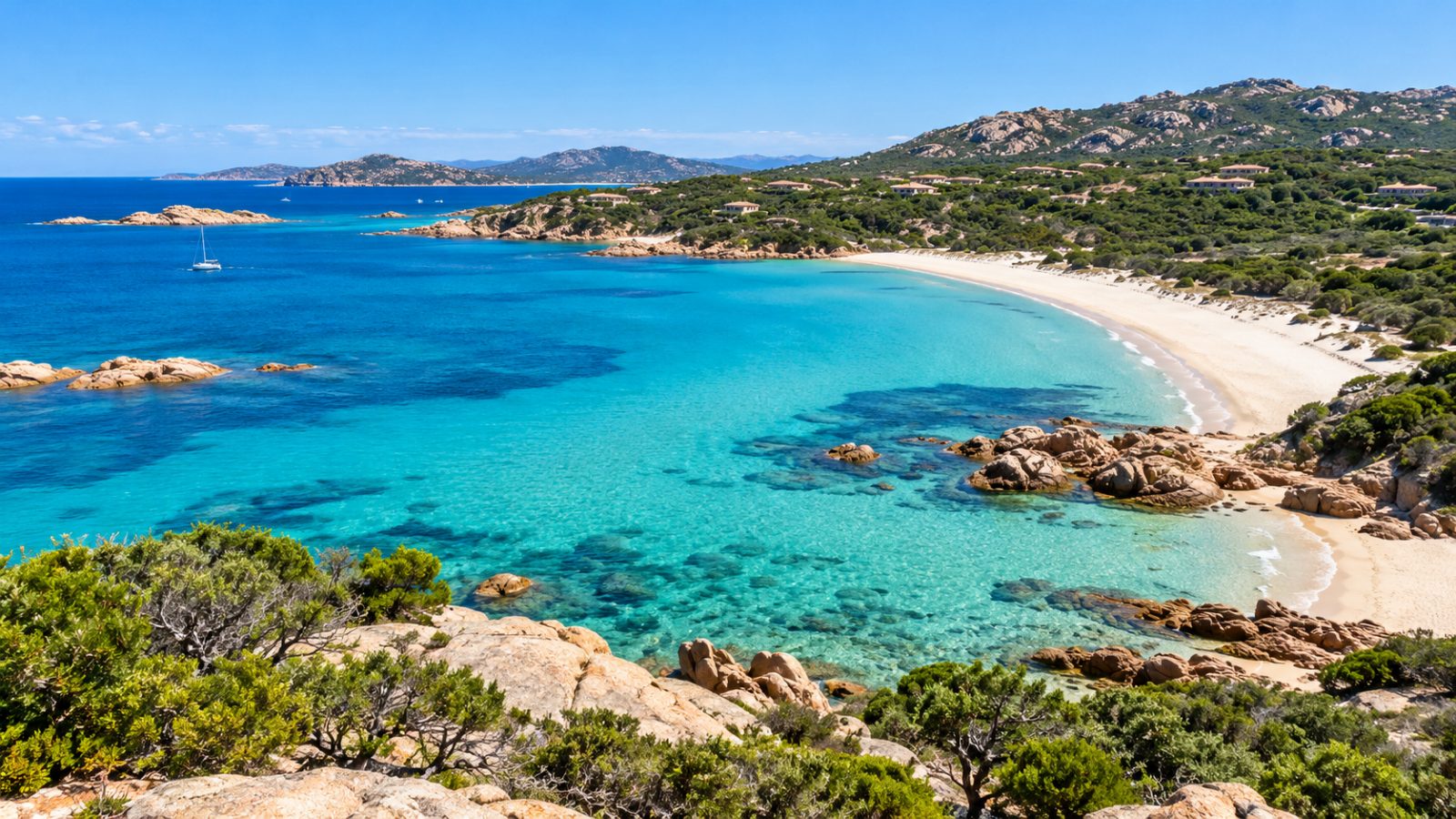 La spiaggia del Grande Pevero con sabbia chiara, acqua trasparente e rocce di granito
