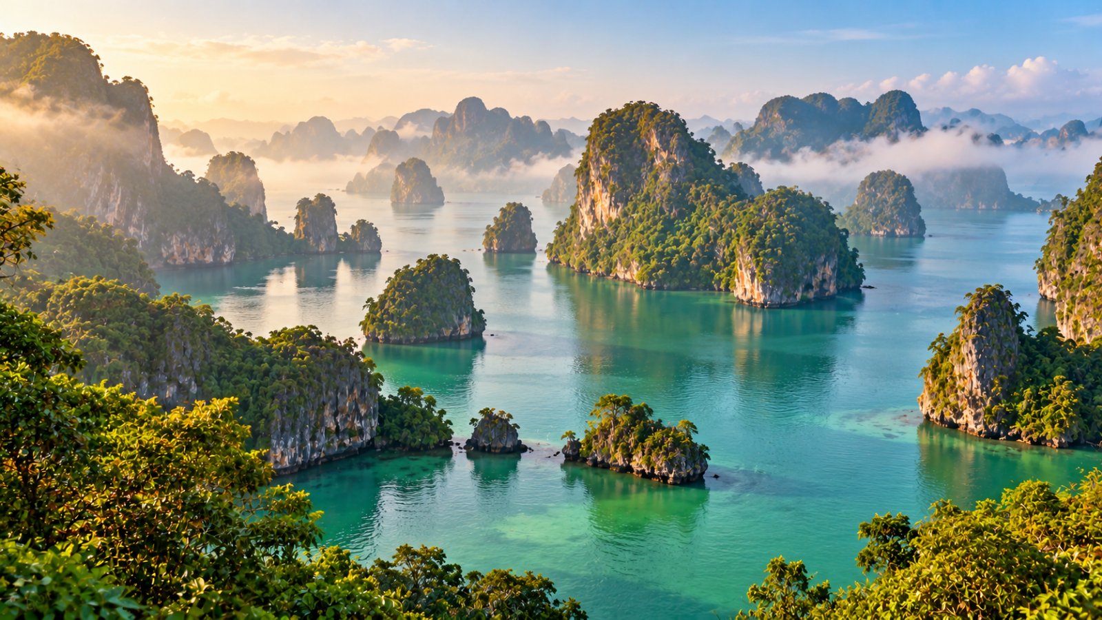 Le isole carsiche coperte di vegetazione che emergono dal mare verde smeraldo della baia di Phang Nga, nella foschia del mattino