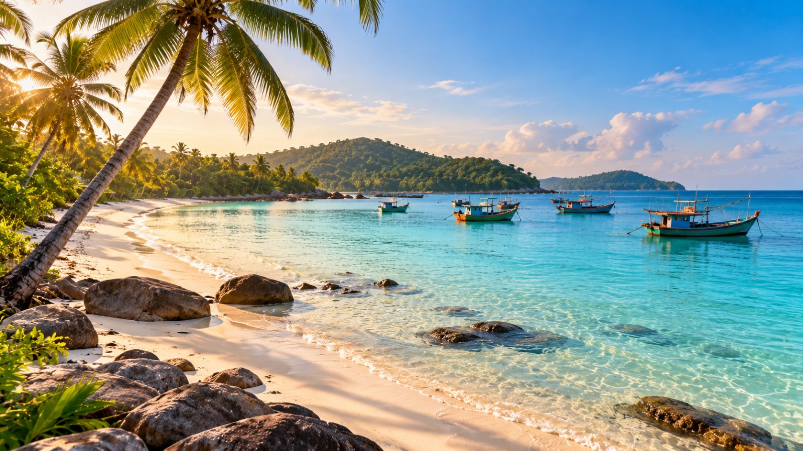 La spiaggia di sabbia bianca di Bai Sao a Phu Quoc, con palme inclinate sull'acqua turchese e barche di pescatori al largo