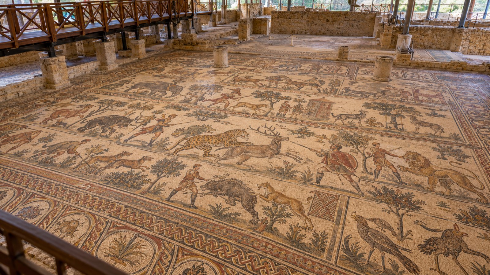 Un pavimento a mosaico romano con scene di caccia e animali visto dalle passerelle della Villa del Casale