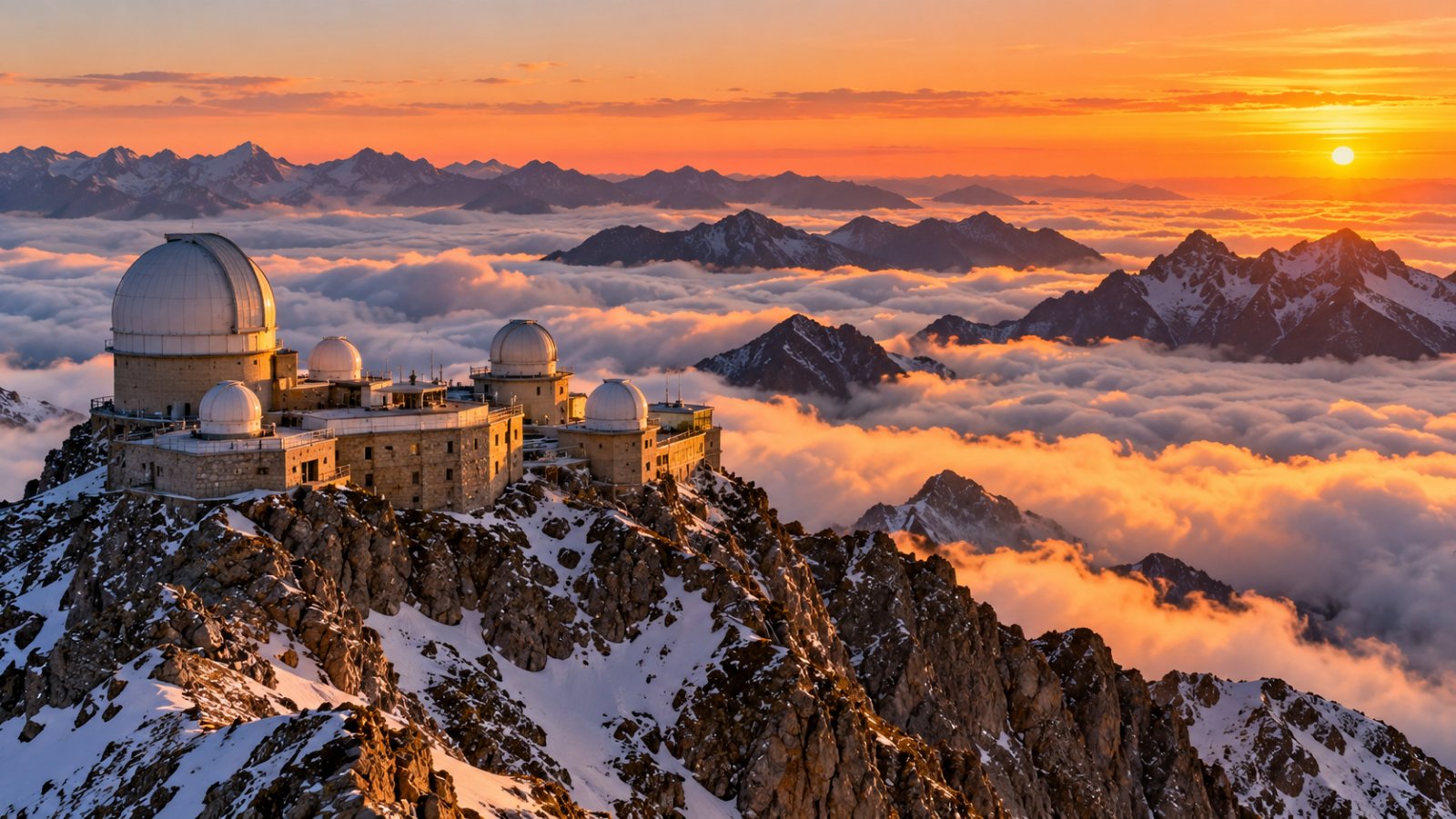 Le cupole bianche dell'osservatorio del Pic du Midi su una cima rocciosa, sopra un mare di nuvole e le creste dei Pirenei nella luce del tramonto