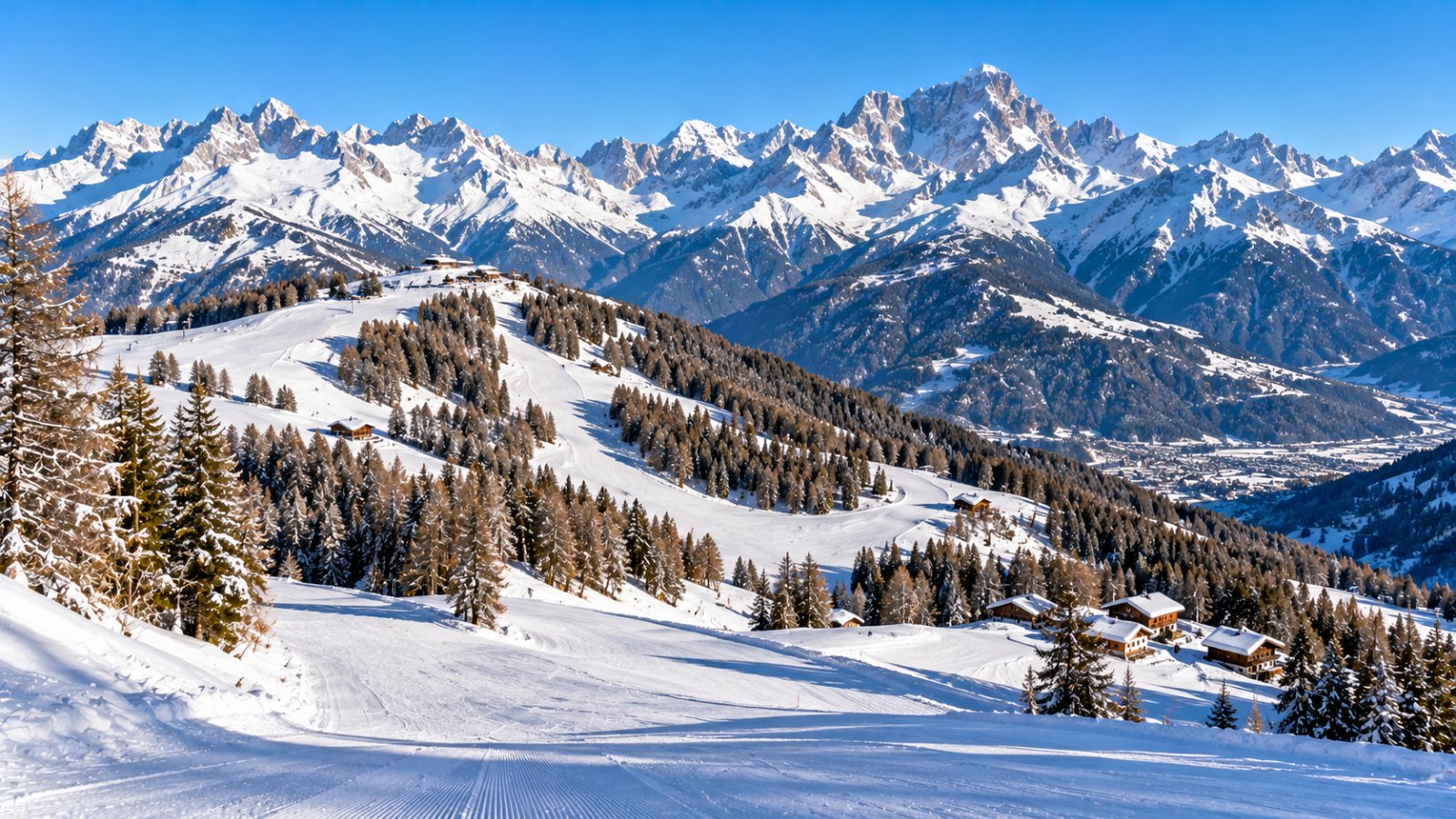 La conca di Pila in inverno, piste innevate tra boschi di larici e, sullo sfondo, le cime delle Alpi valdostane sotto un cielo limpido