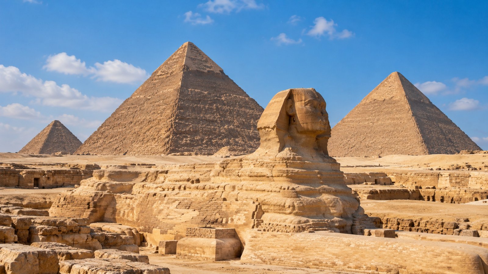 Le tre piramidi di Giza nel deserto, con la Sfinge in primo piano sotto il cielo azzurro